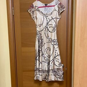 Komarov Beige and Brown Swirl Midi Dress